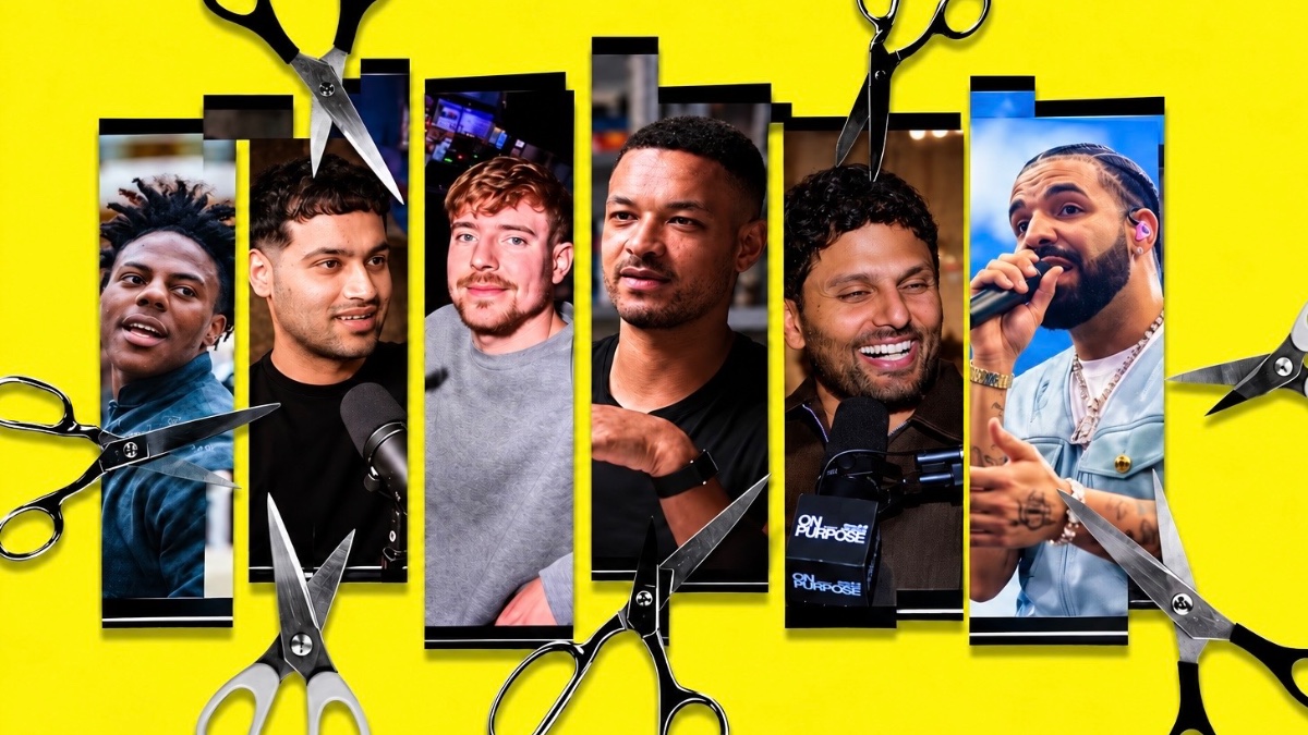 Clipping marketing illustration featuring popular creators and podcasters in vertical video frames surrounded by scissors, representing short-form video editing and content distribution.