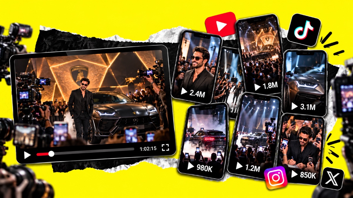 Luxury car launch event clipping campaign mock-up featuring a celebrity, luxury SUV, photographers, and mobile screens showcasing clips from different angles with view counts and social media icons.