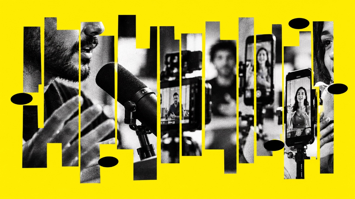 Collage of content creators, podcast microphones, and smartphones on an electric yellow background, illustrating short-form video clipping, content distribution, and the future of brand marketing budgets.